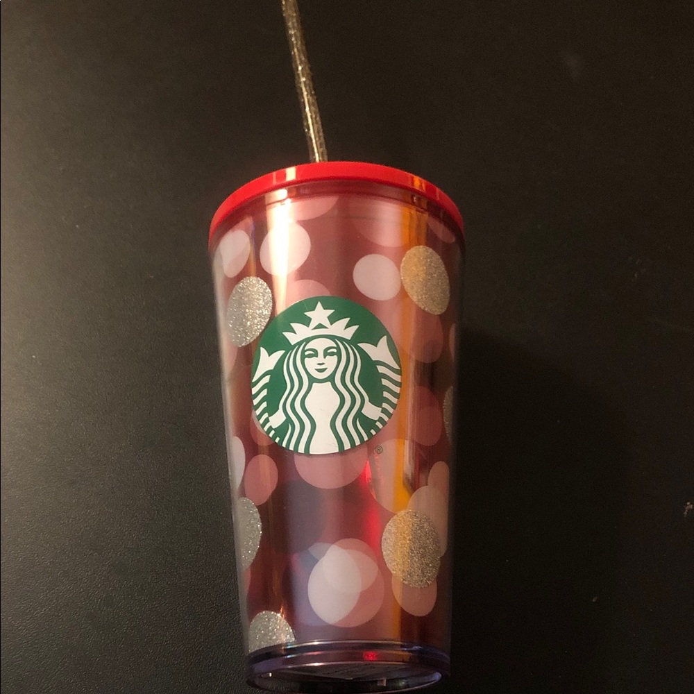 Starbucks Red Translucent Cup with Pink and Silver Dots